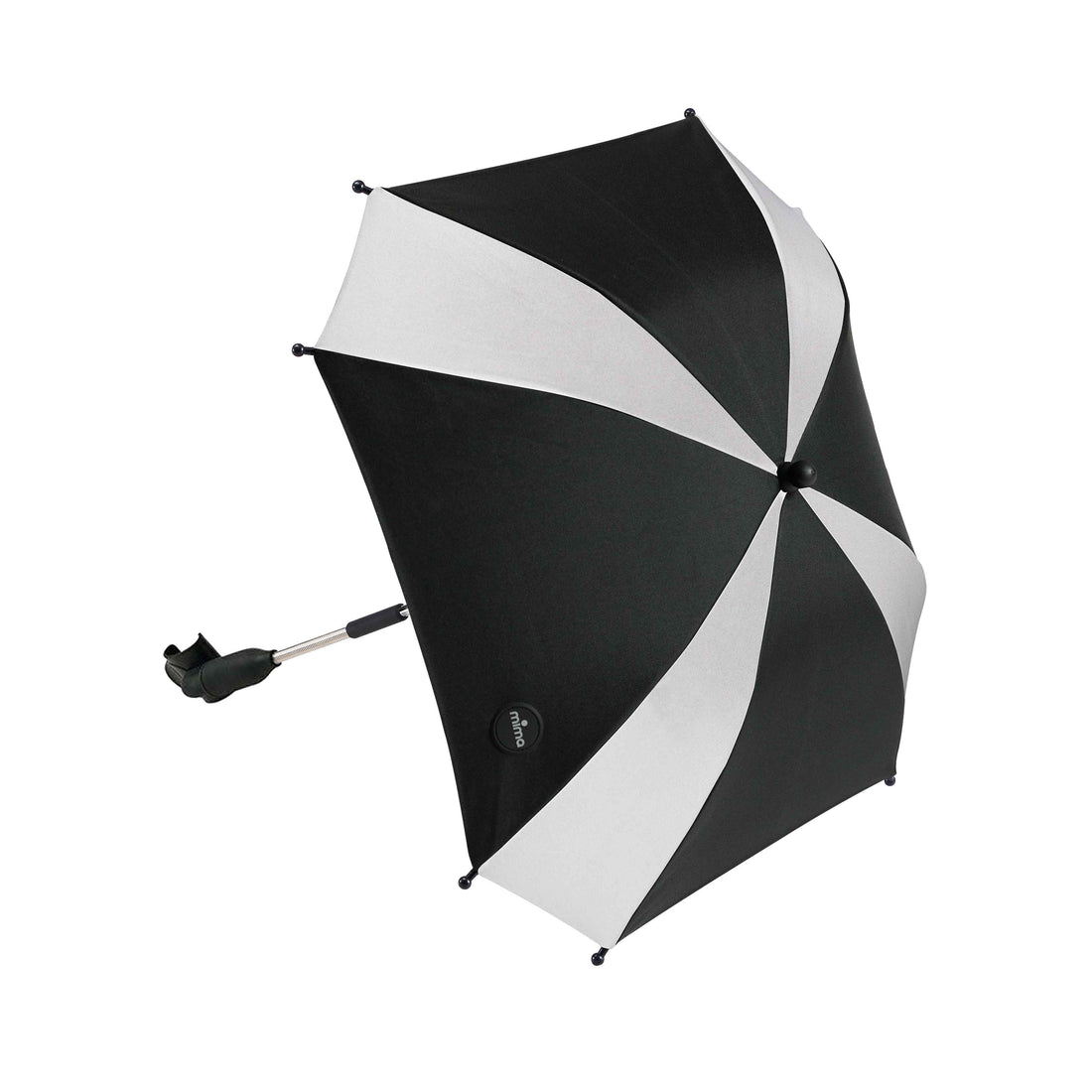 parasol in black and white with clip, angled view, UPF 50+ shade for baby