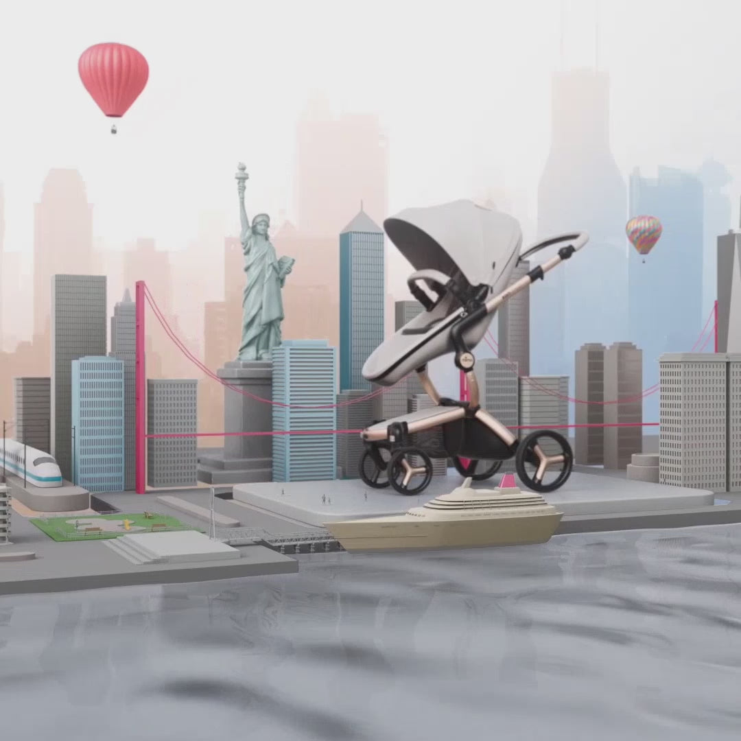 Mima Xari Max stroller, dynamic transformation view, white city view background