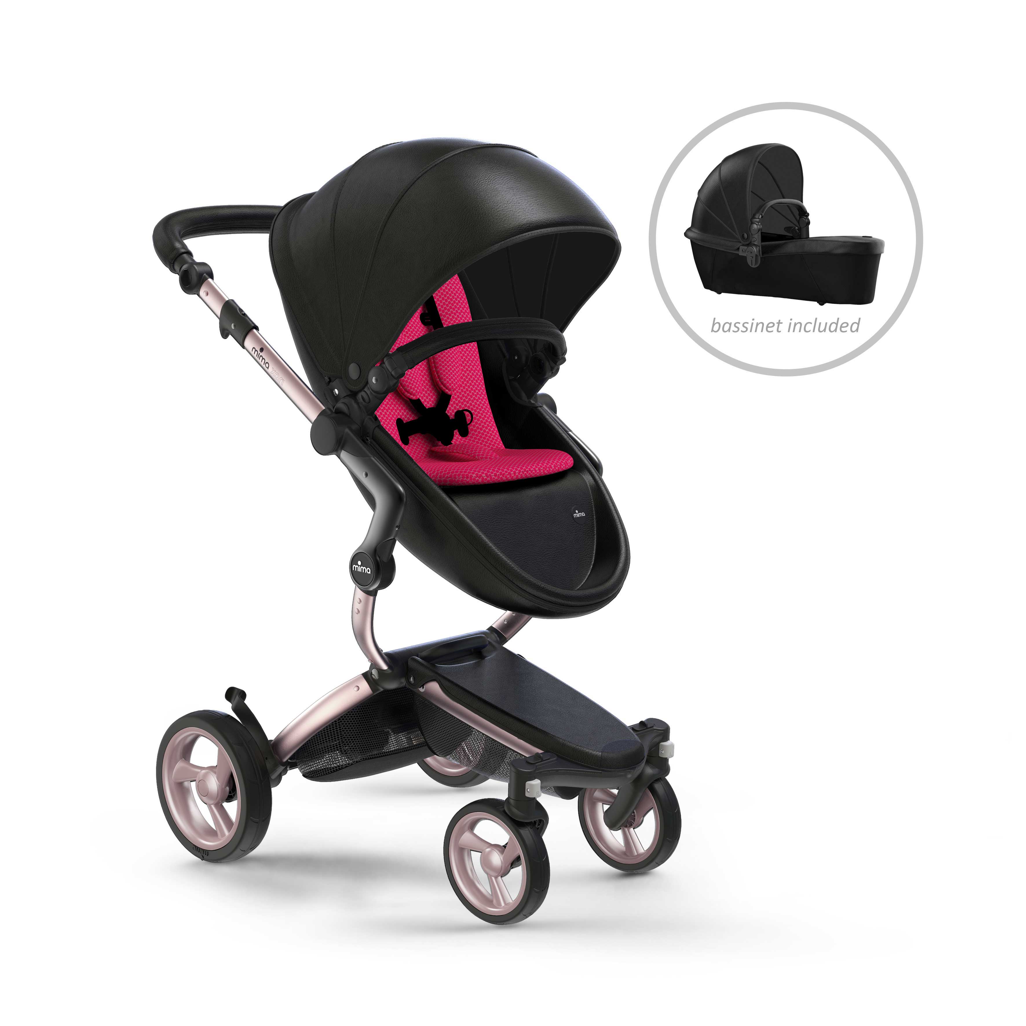 mima Xari stroller, in rose gold chassis, black seat and Hot Magenta seat pad, with bassinet included, left front view, 5-point harness for safety