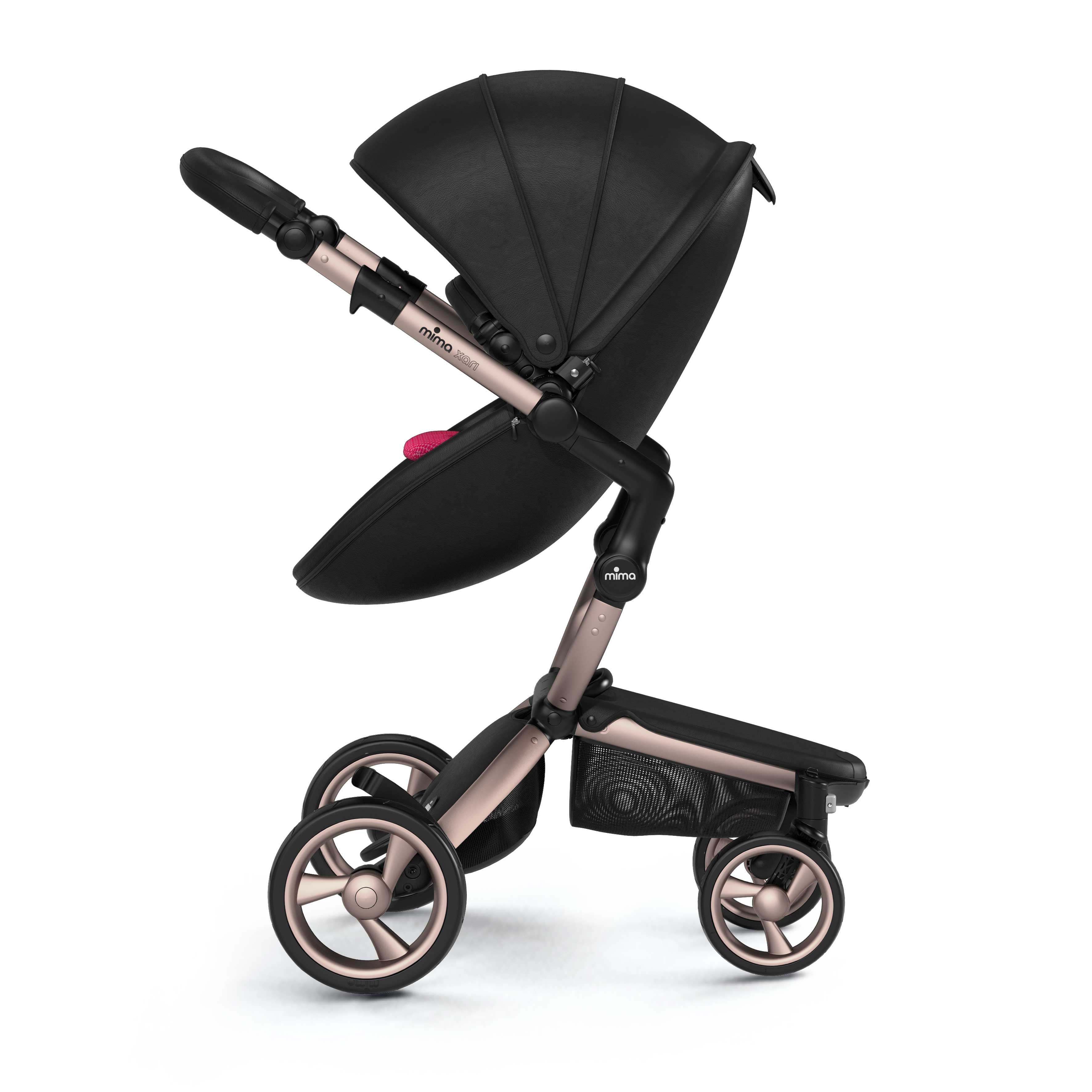 mima Xari stroller, in rose gold chassis, black seat and Hot Magenta seat pad, with canopy, side view, facing parents, stylish and adjustable comfort