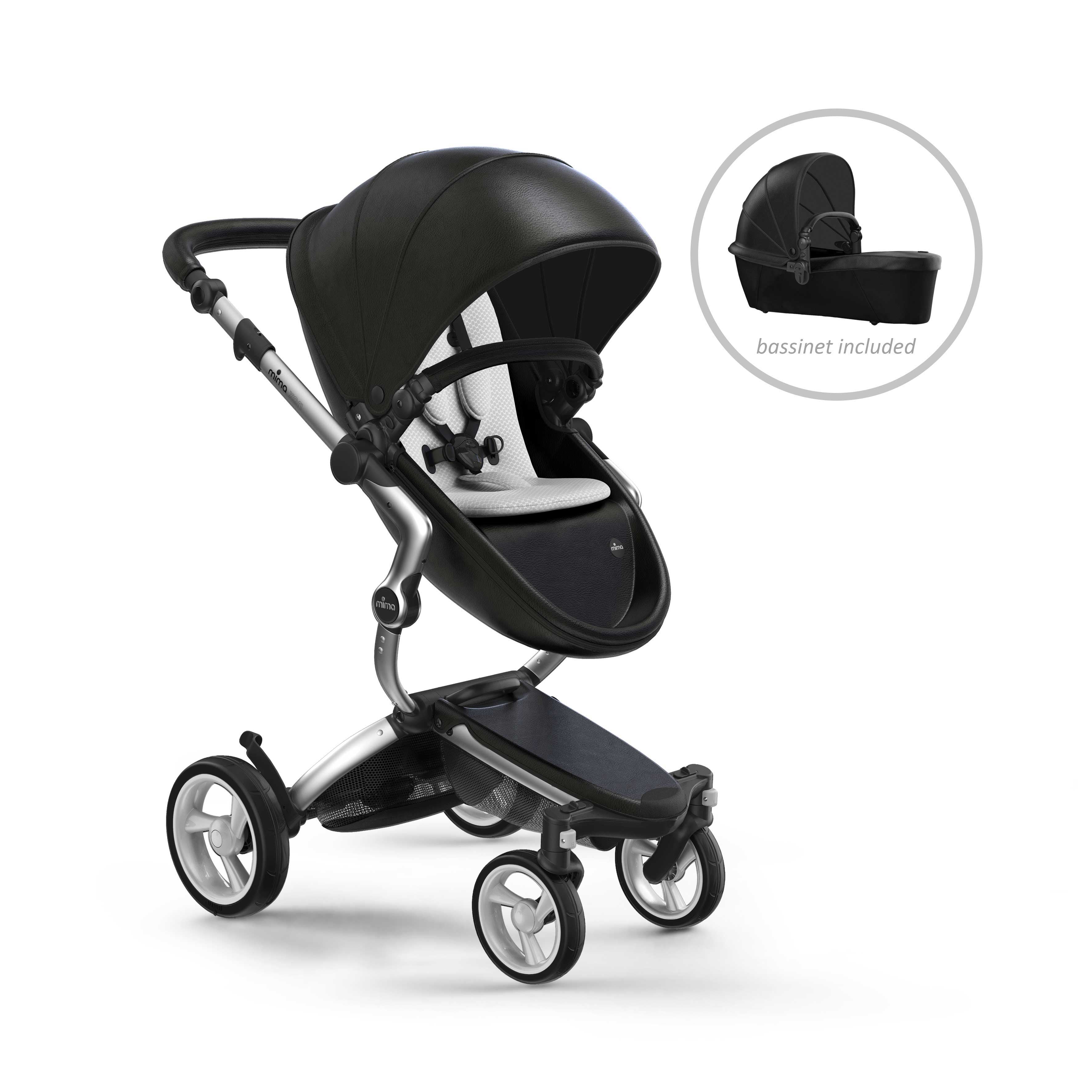 mima Xari stroller, in silver chassis, black seat and stone white seat pad, with bassinet included, left front view, 5-point harness for safety