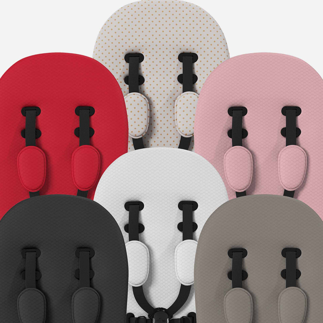 Assorted mima Xari Max seat pads in multiple colors, side-by-side top view for style variety