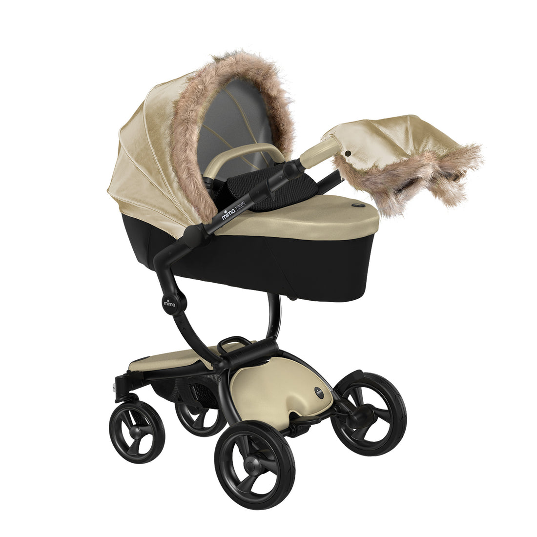 Cold weather bassinet winter outfit for newborn stroller Xari gold - Champagne Mima Xari bassinet with winter outfit, left front view, includes canopy fur trim and hand muff