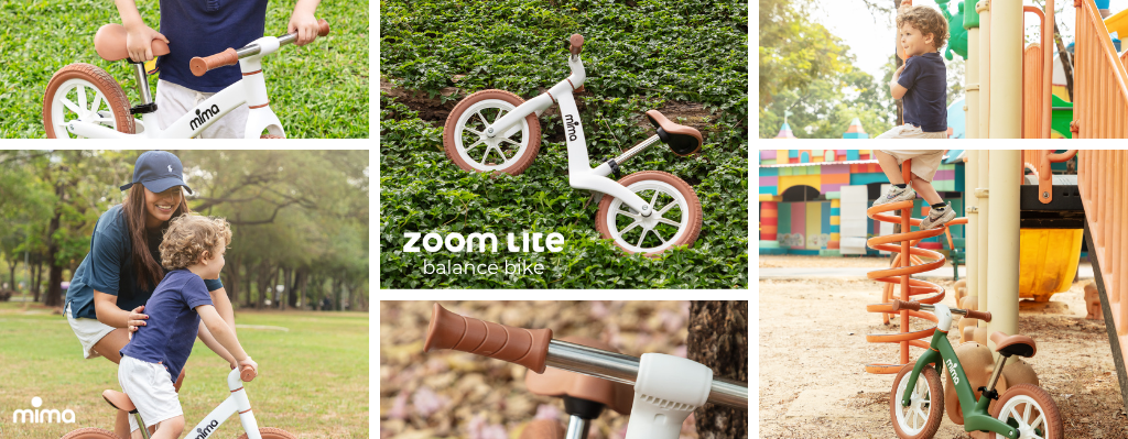 toddler bike first bike by lifestyle image collage of mima zoom lite balance bike green black and white