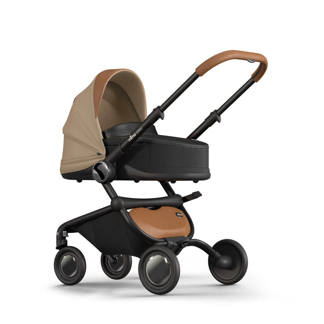 mocha mima creo bassinet accessory for newborns, compatible with mima creo stroller, left front view