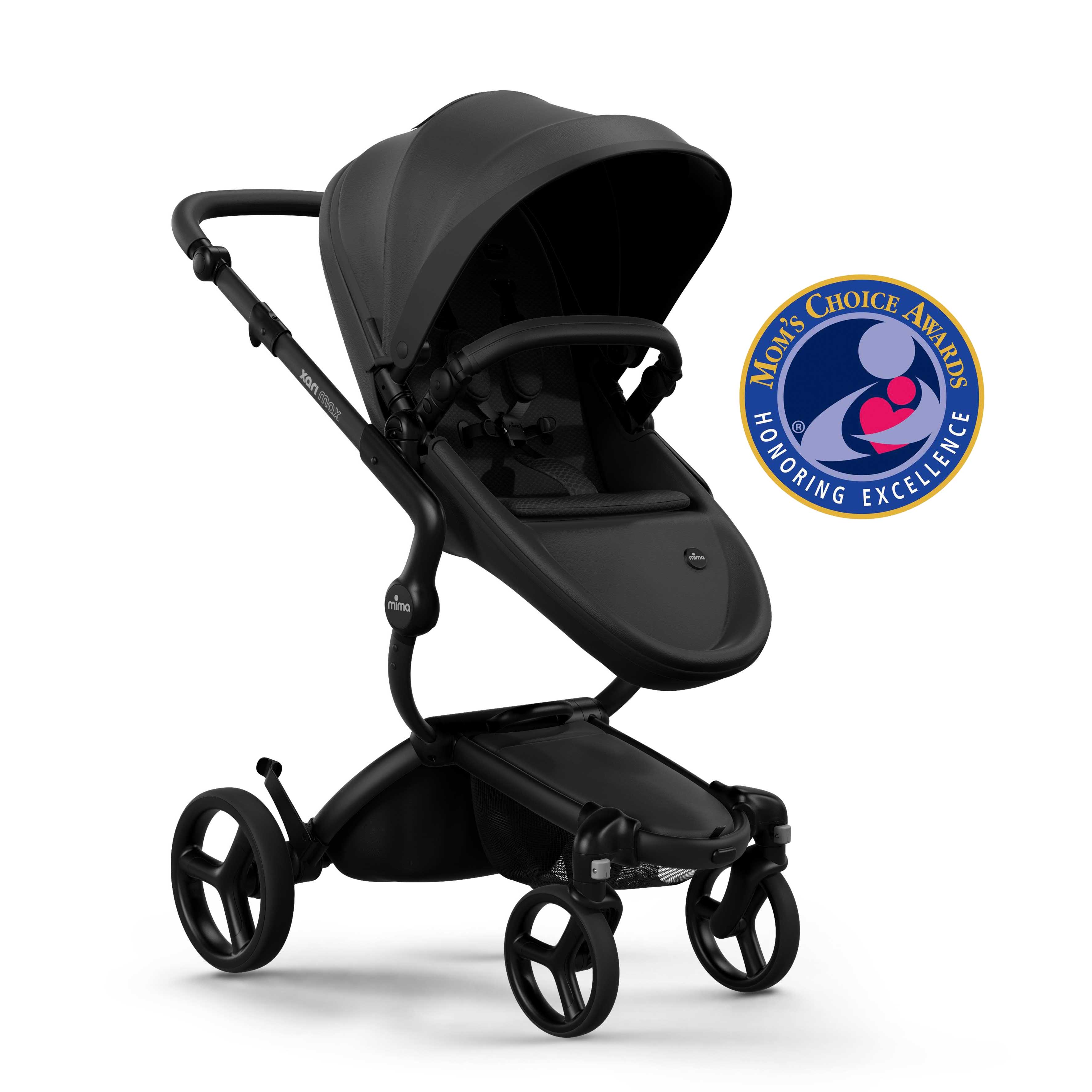 mima® xari max stroller, in black chassis, black seat and black seat pad, with canopy and safety bar, left front-angle view, Mom&