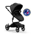 mima® xari max stroller, in black chassis, black seat and black seat pad, with canopy and safety bar, left front-angle view, Mom&