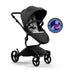 mima® xari max stroller, in black chassis, black seat and stone white seat pad, with canopy and safety bar, left front-angle view, Mom&