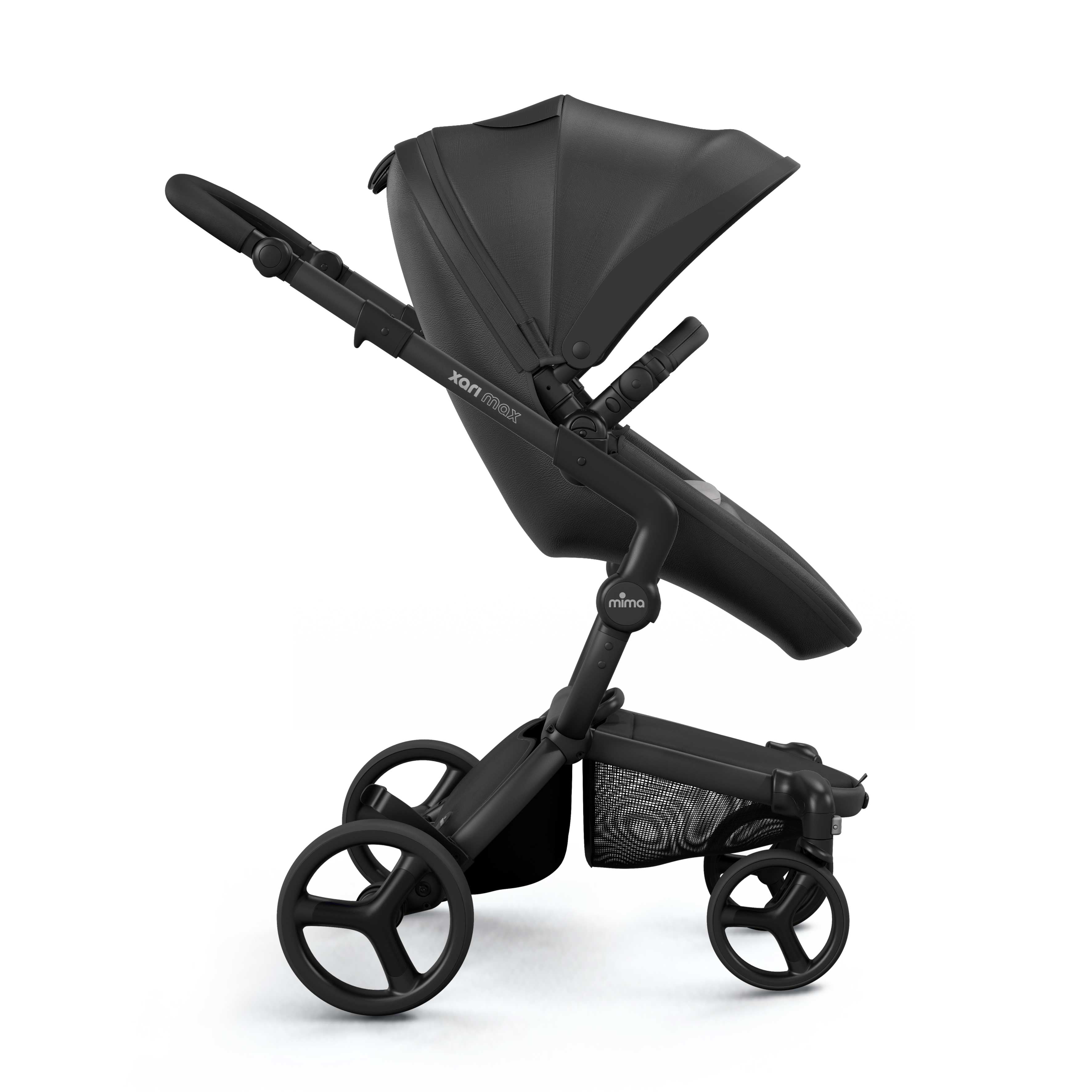 mima® xari max stroller, in black chassis, black seat and stone white seat pad, with canopy and safety bar, facing forward, side view