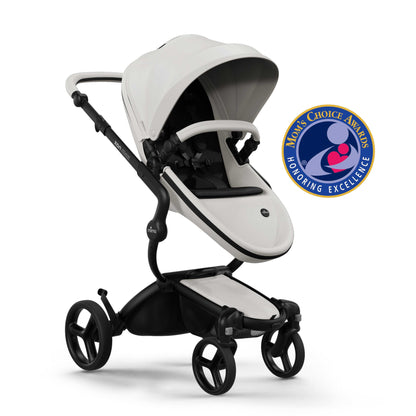mima® xari max stroller, in black chassis, snow white seat and black seat pad, with canopy and safety bar, left front-angle view, Mom&