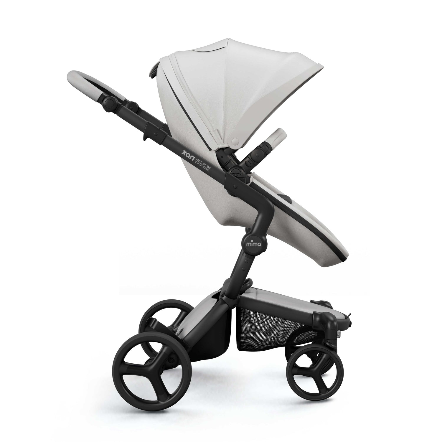 mima® xari max stroller, in black chassis, snow white seat and black seat pad, with canopy and safety bar, facing forward, side view