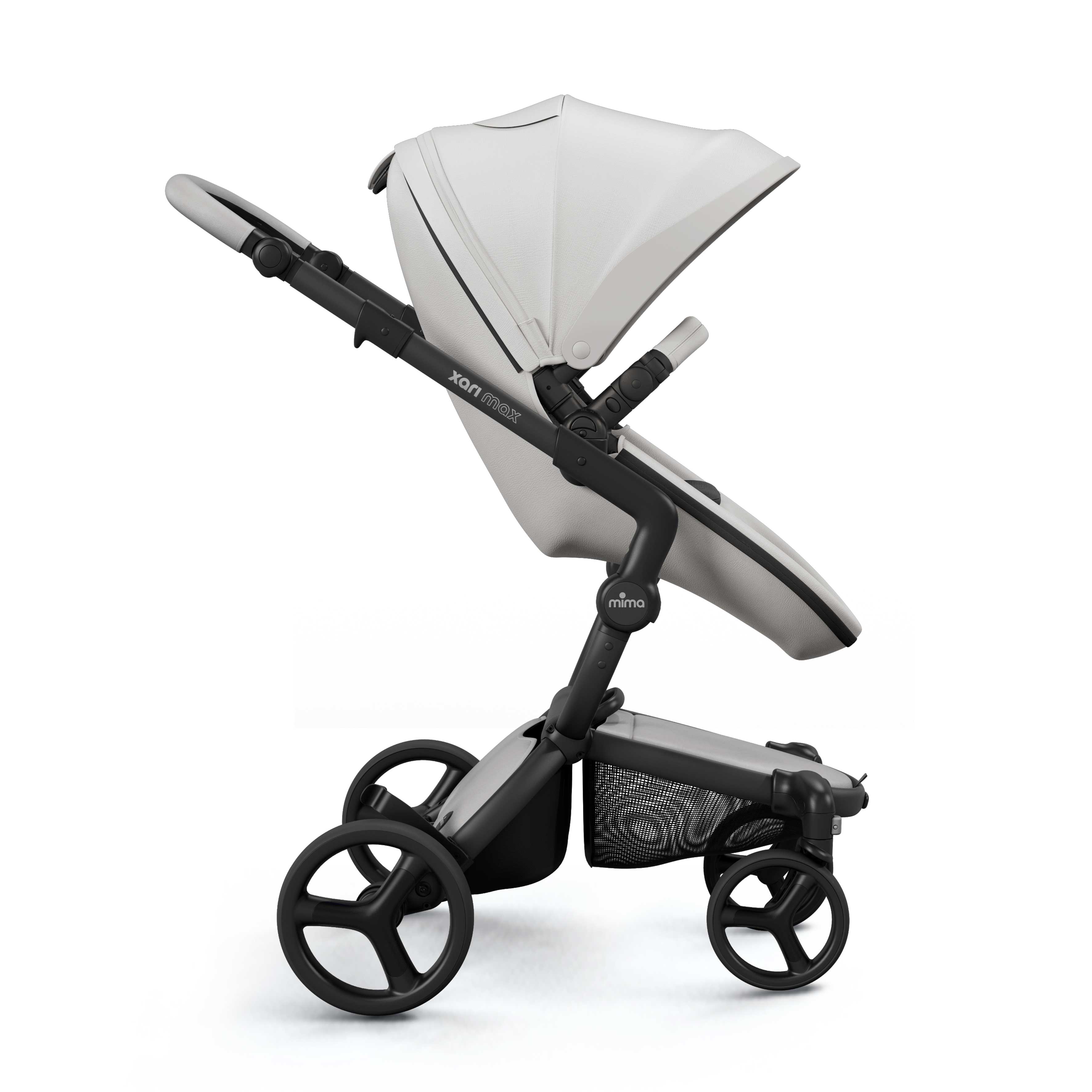 mima® xari max stroller, in black chassis, snow white seat and black seat pad, with canopy and safety bar, facing forward, side view