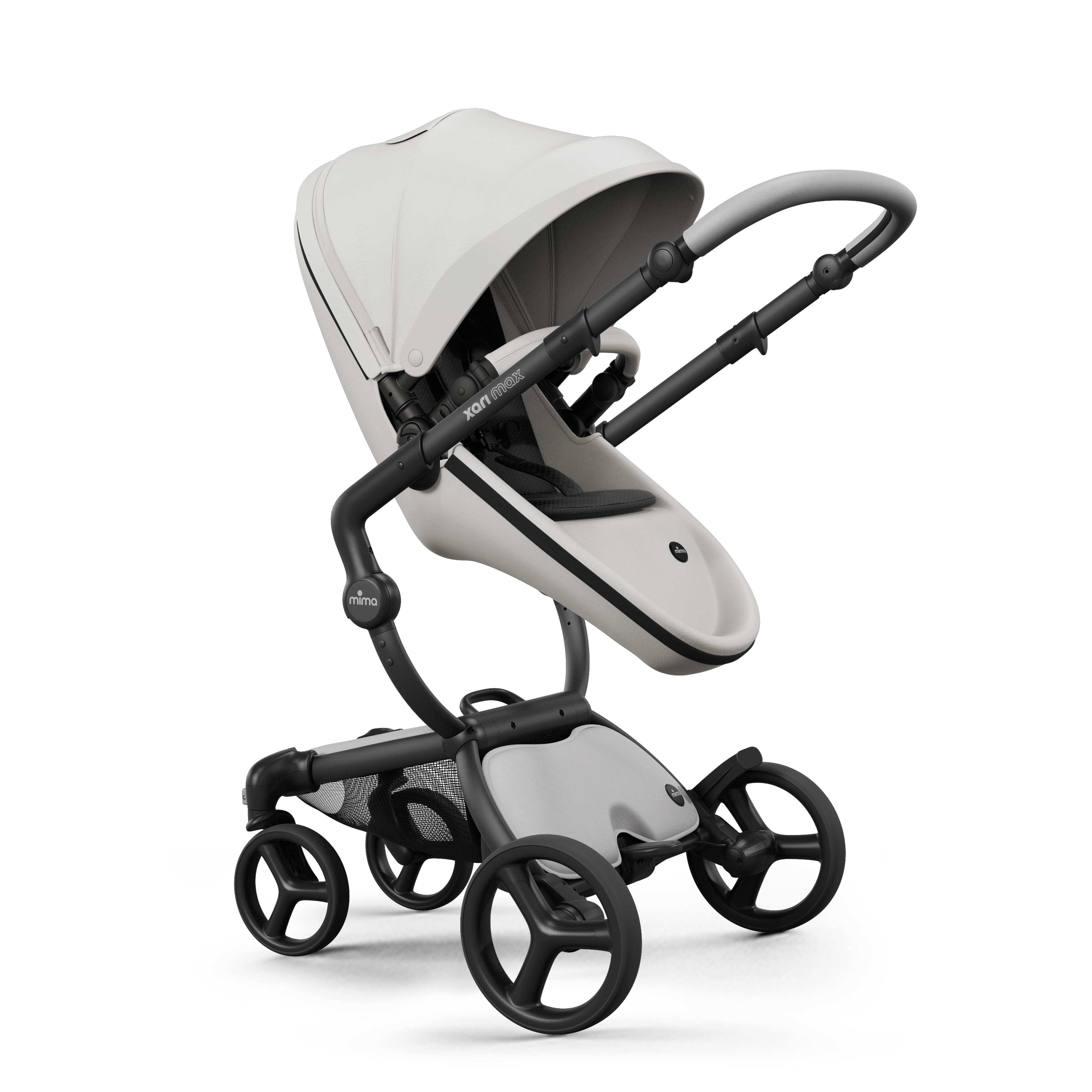 mima® xari max stroller, in black chassis, snow white seat and black seat pad, with canopy and safety bar, facing parents, left front-angle view, Mom&