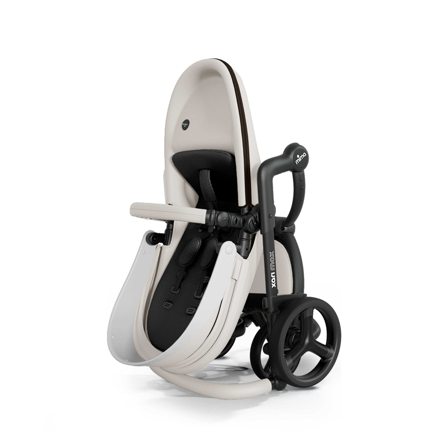 mima® xari max stroller, in black chassis, snow white seat and black seat pad, shown fully folded in a compact, upright position