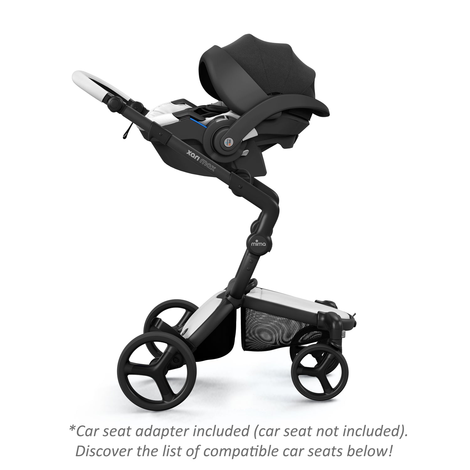 mima® xari max stroller with an attached BeSafe snow white infant car seat, facing parents, side view