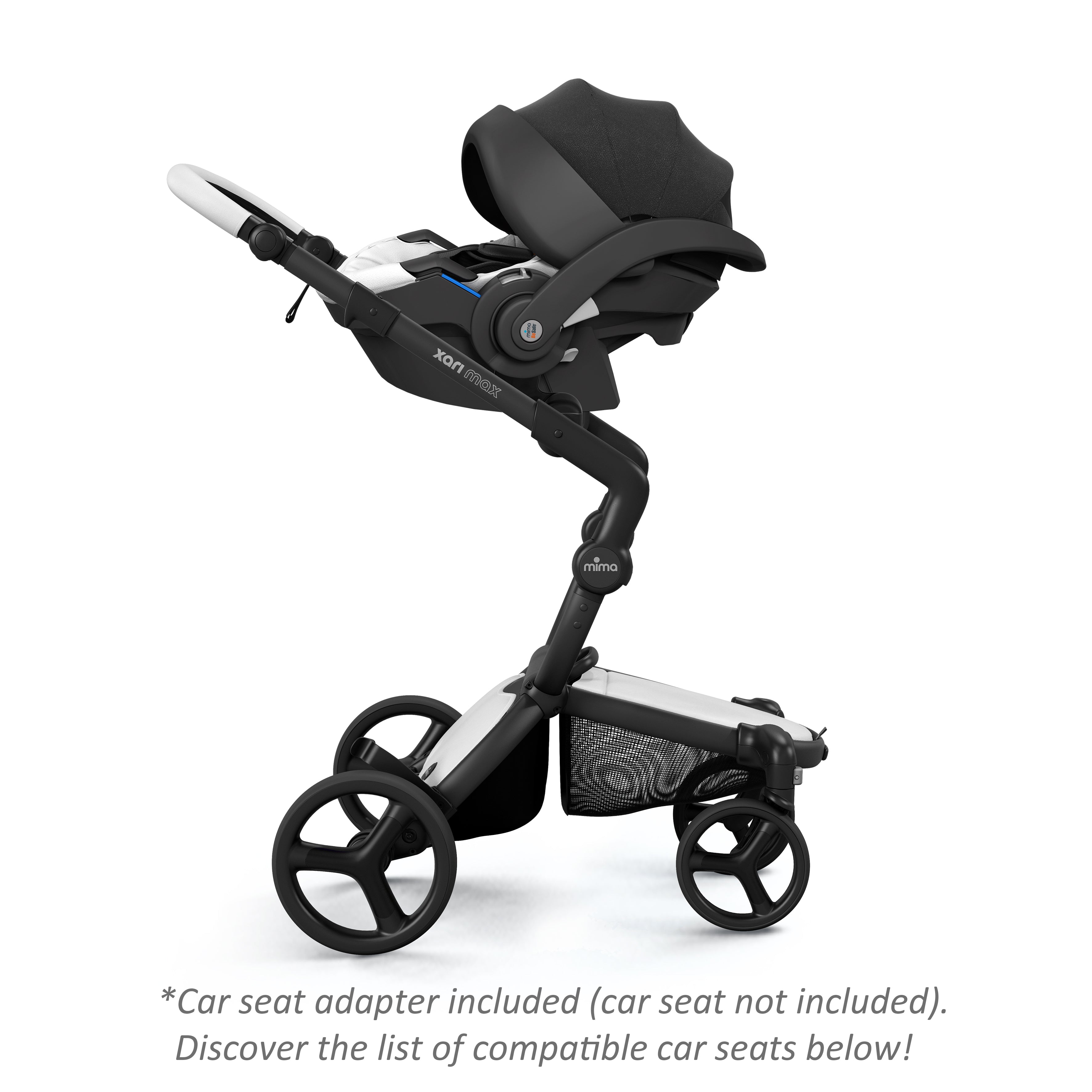 mima® xari max stroller with an attached BeSafe snow white infant car seat, facing parents, side view