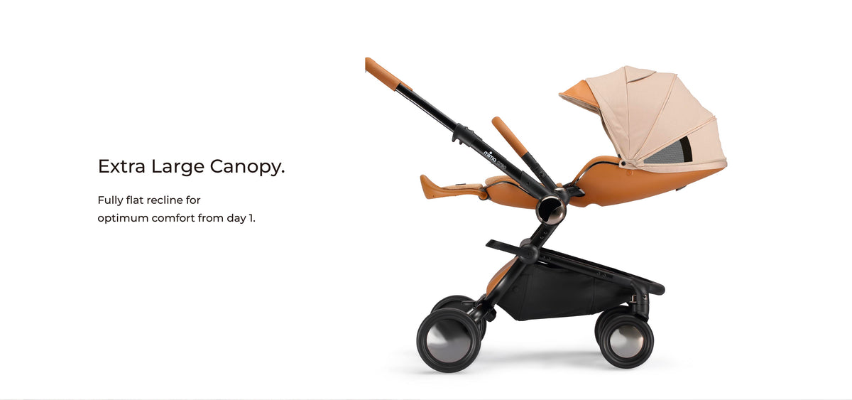 Extra large canopy on the mima creo, with a fully flat recline for comfort from day one.