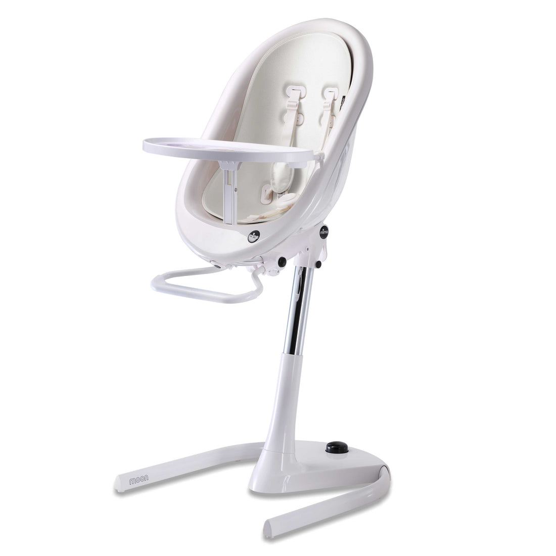 White Mima Moon 2G high chair at max height, with snow white seat pad, tray, harness and adjustable footrest, right-front view 