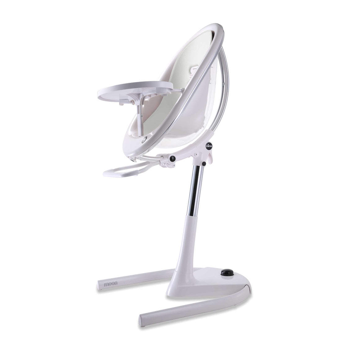 White Mima Moon 2G high chair with snow white seat pad, side view, modern with transparent back 