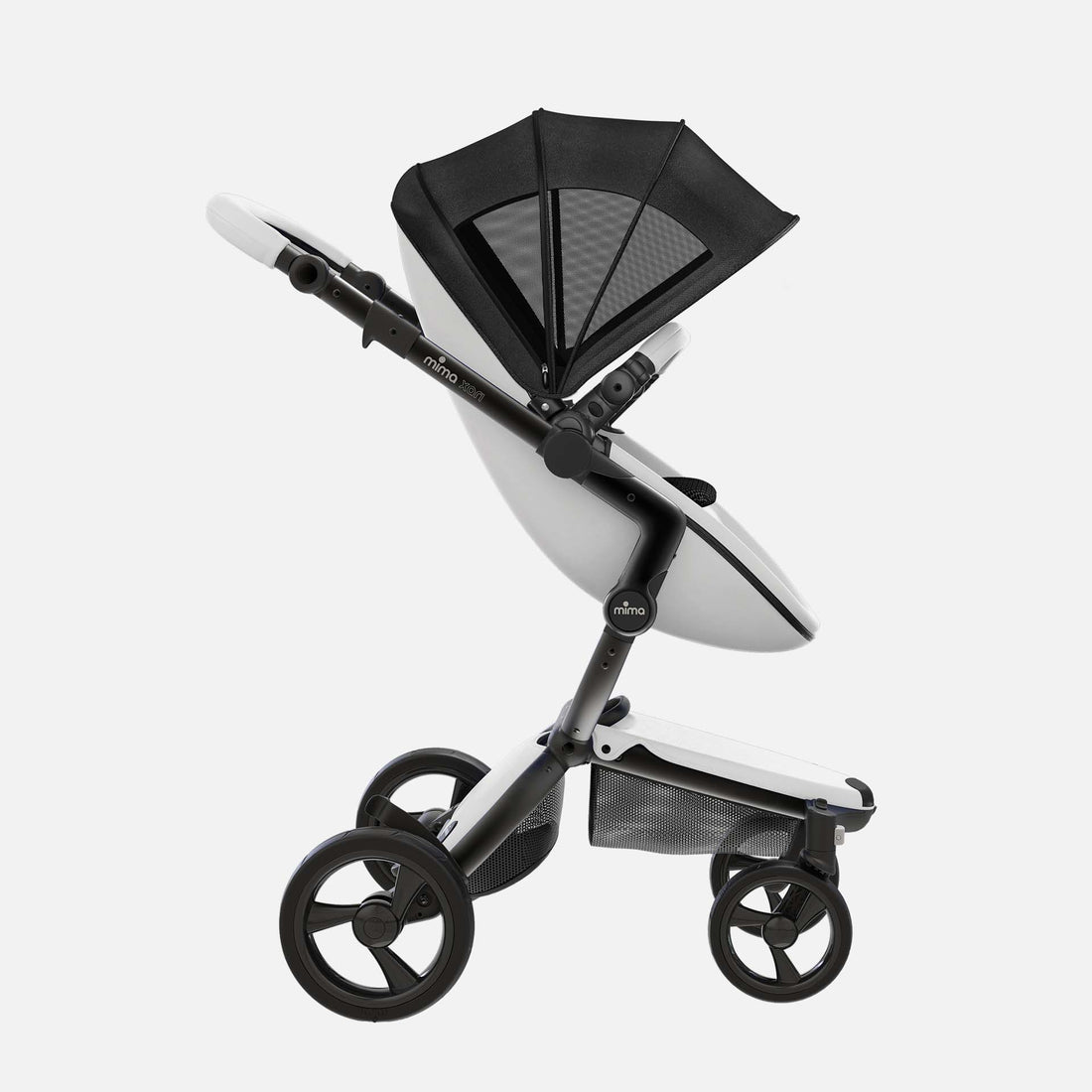 Black Mima xari summer canopy on xari stroller, side view, 50+ UV protection with adjustable coverage