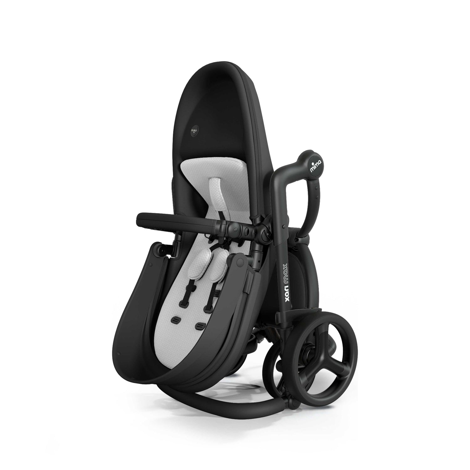 mima® xari max stroller, in black chassis, black seat and stone white seat pad, shown fully folded in a compact, upright position