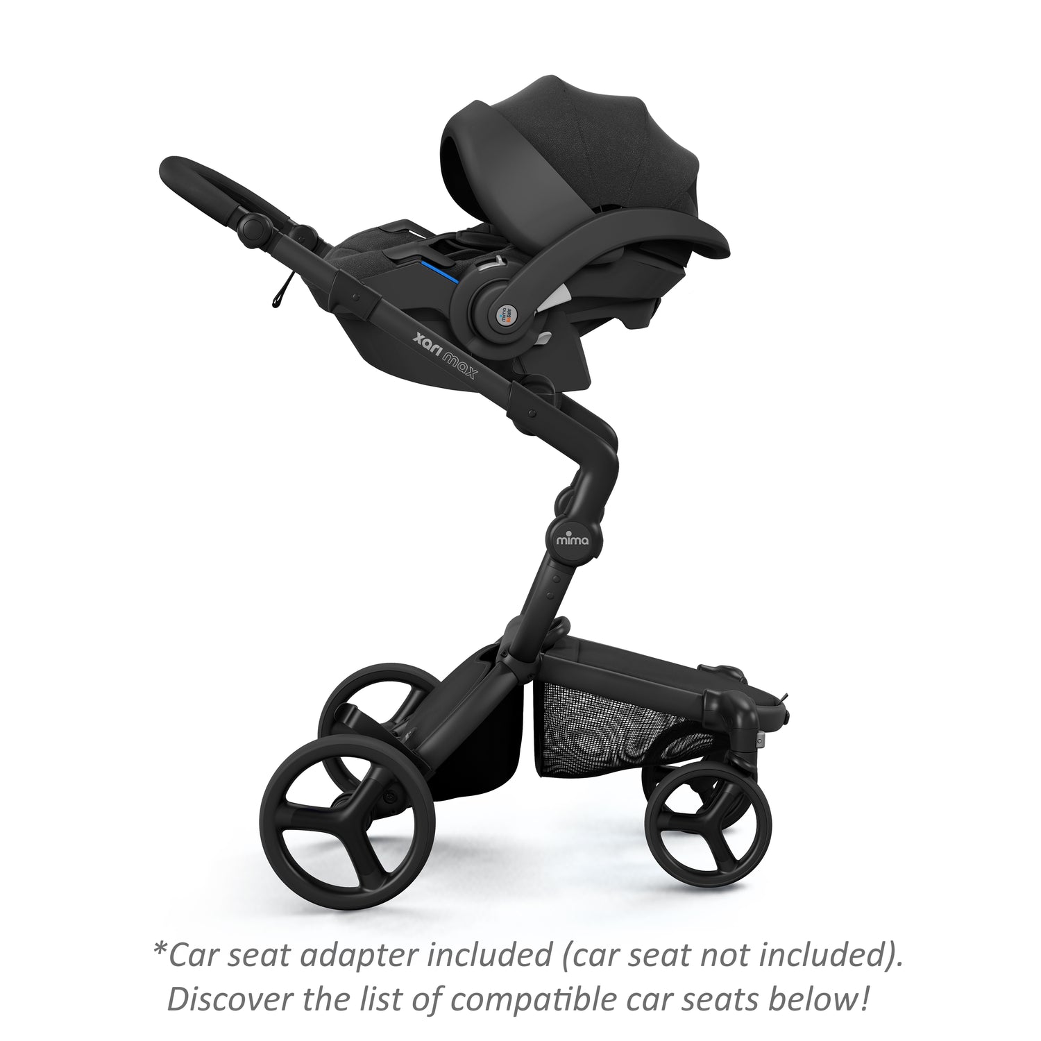 mima® xari max stroller with an attached BeSafe black infant car seat, facing parents, side view