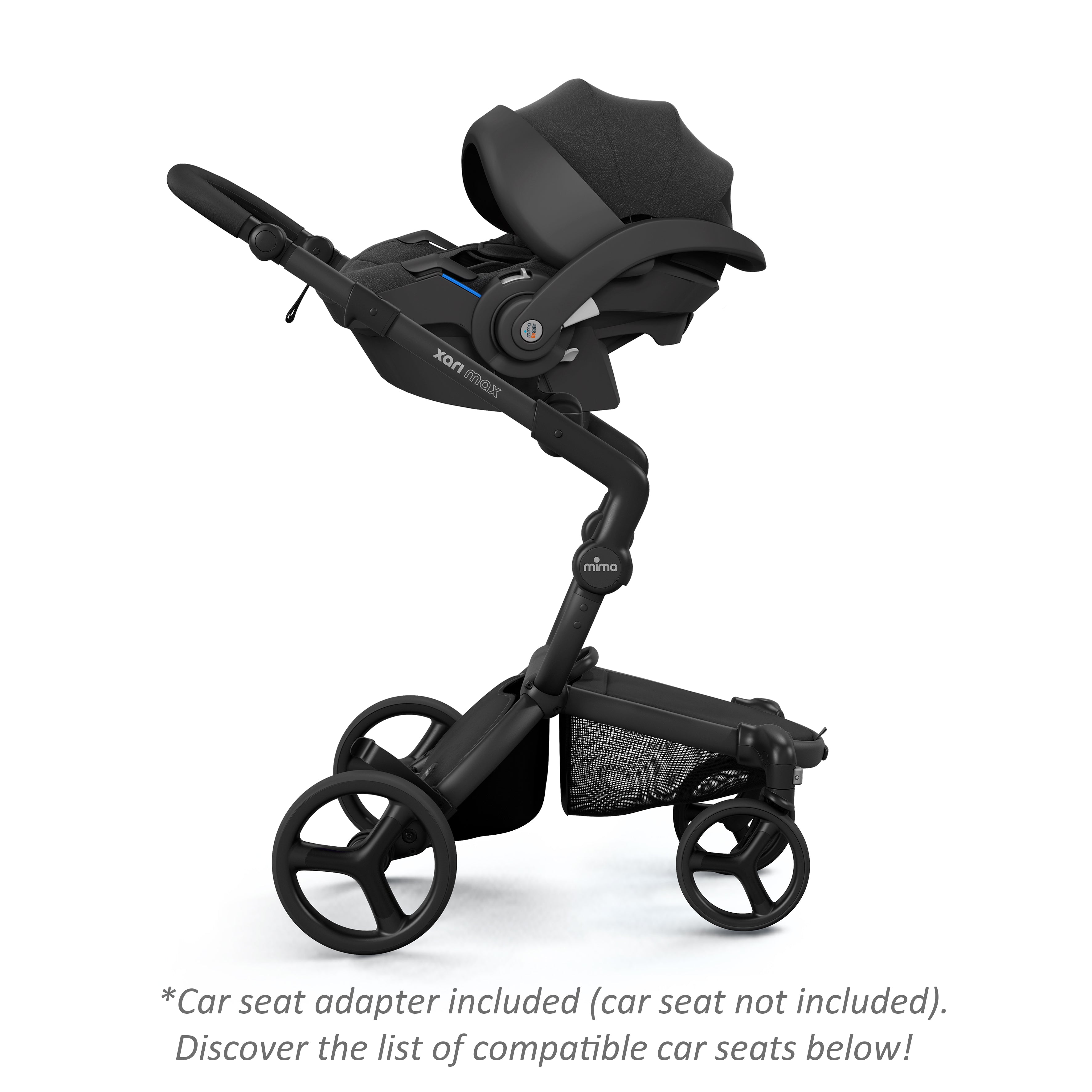 mima® xari max stroller with an attached BeSafe black infant car seat, facing parents, side view