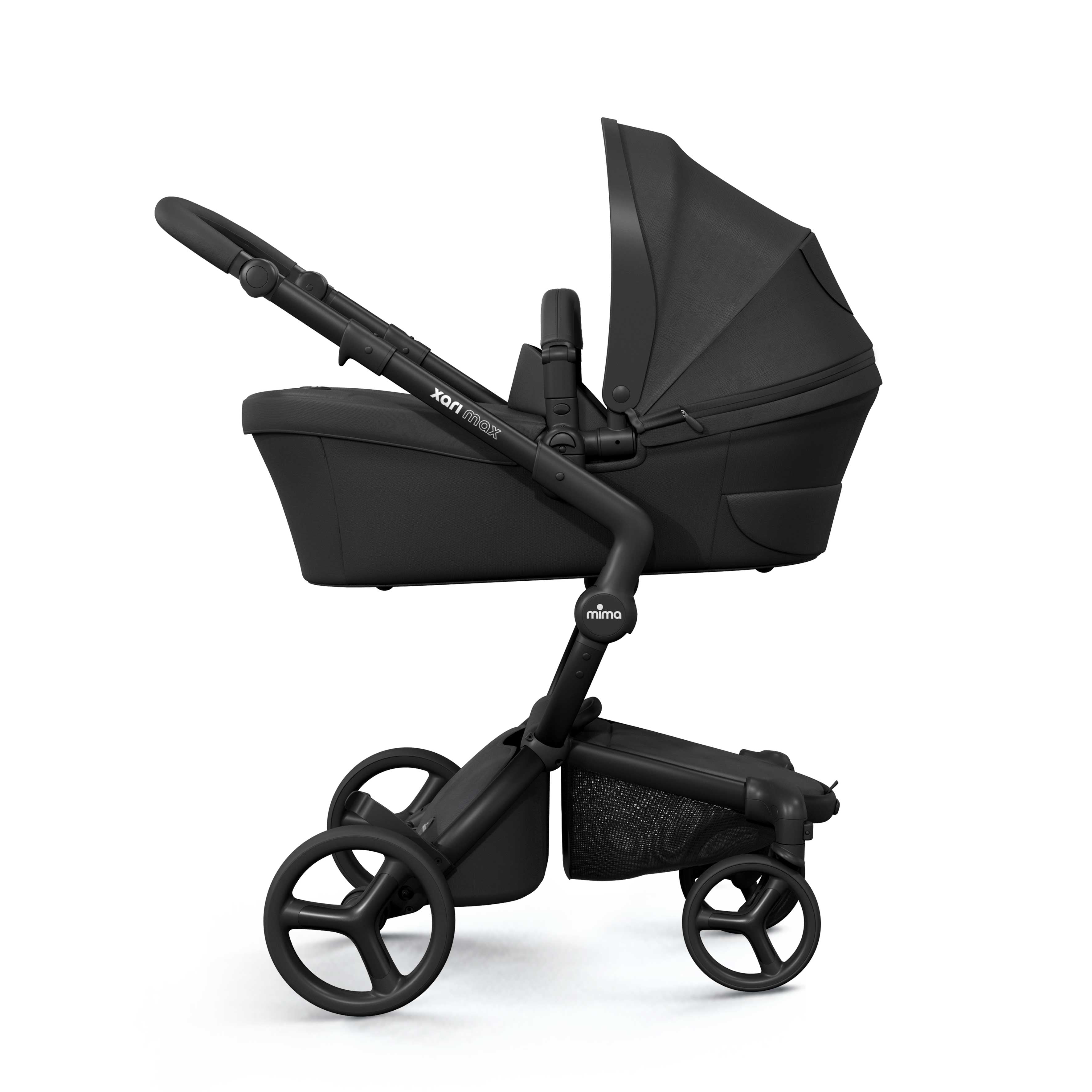 mima® xari max bassinet with black canopy, side view product display 