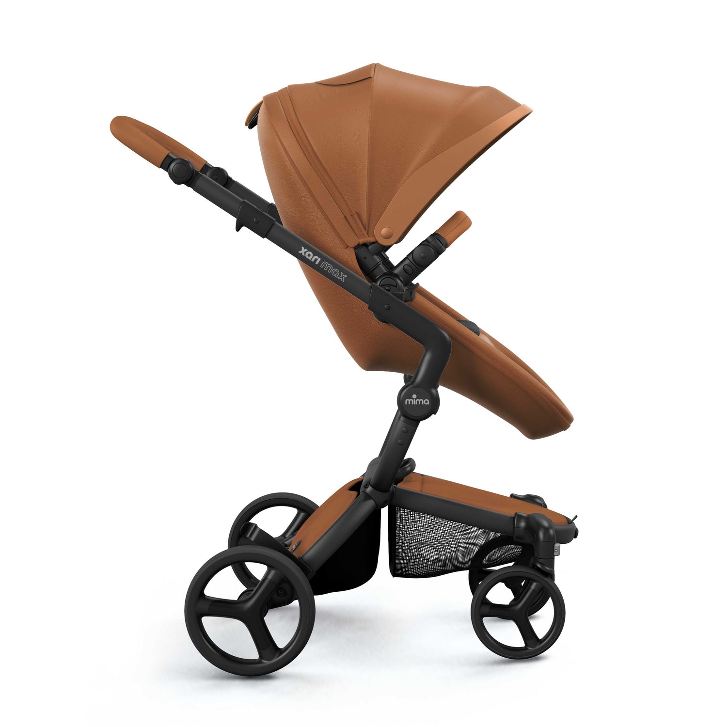 mima® xari max stroller, in black chassis, camel seat and black seat pad, with canopy and safety bar, facing forward, side view 