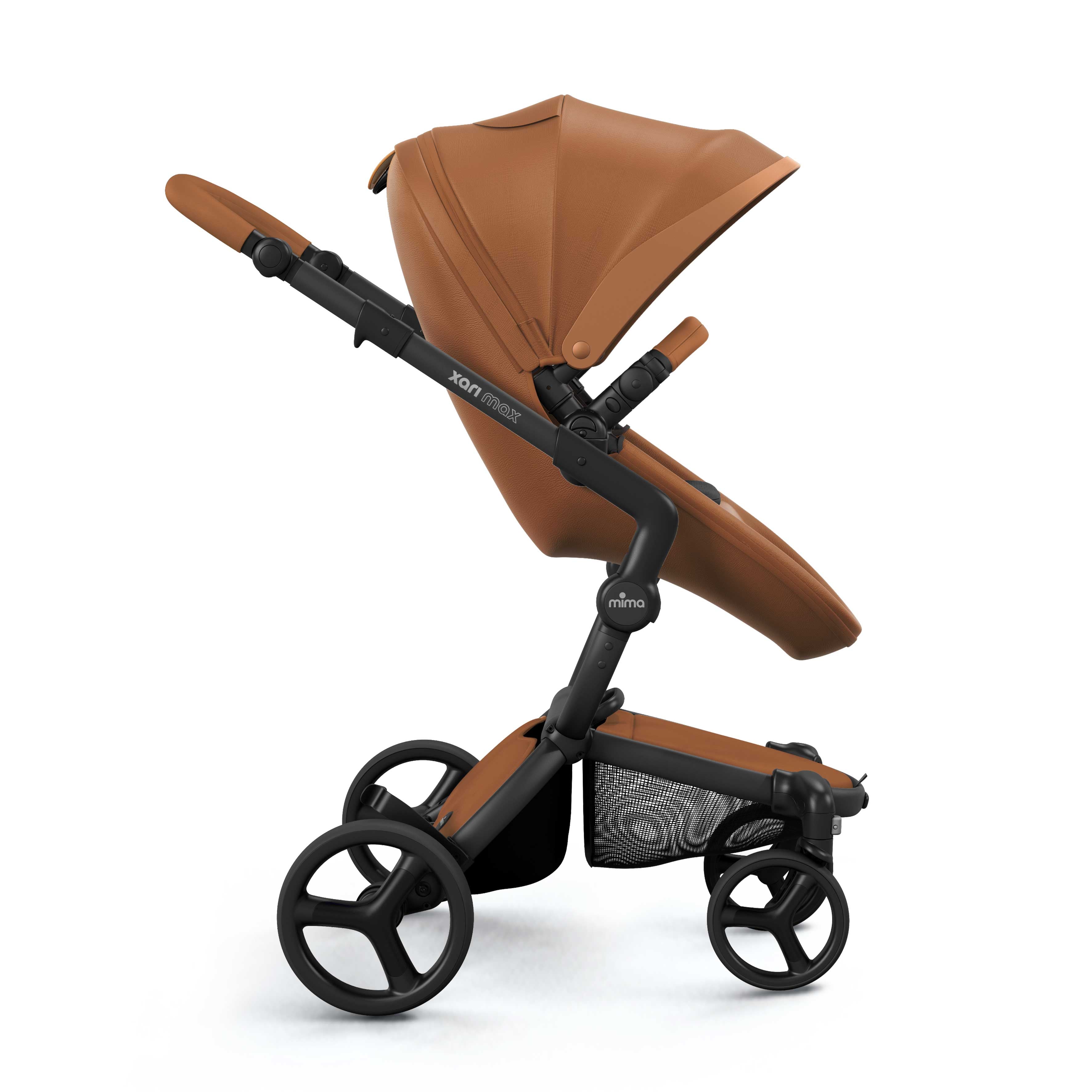 mima® xari max stroller, in black chassis, camel seat and black seat pad, with canopy and safety bar, facing forward, side view 
