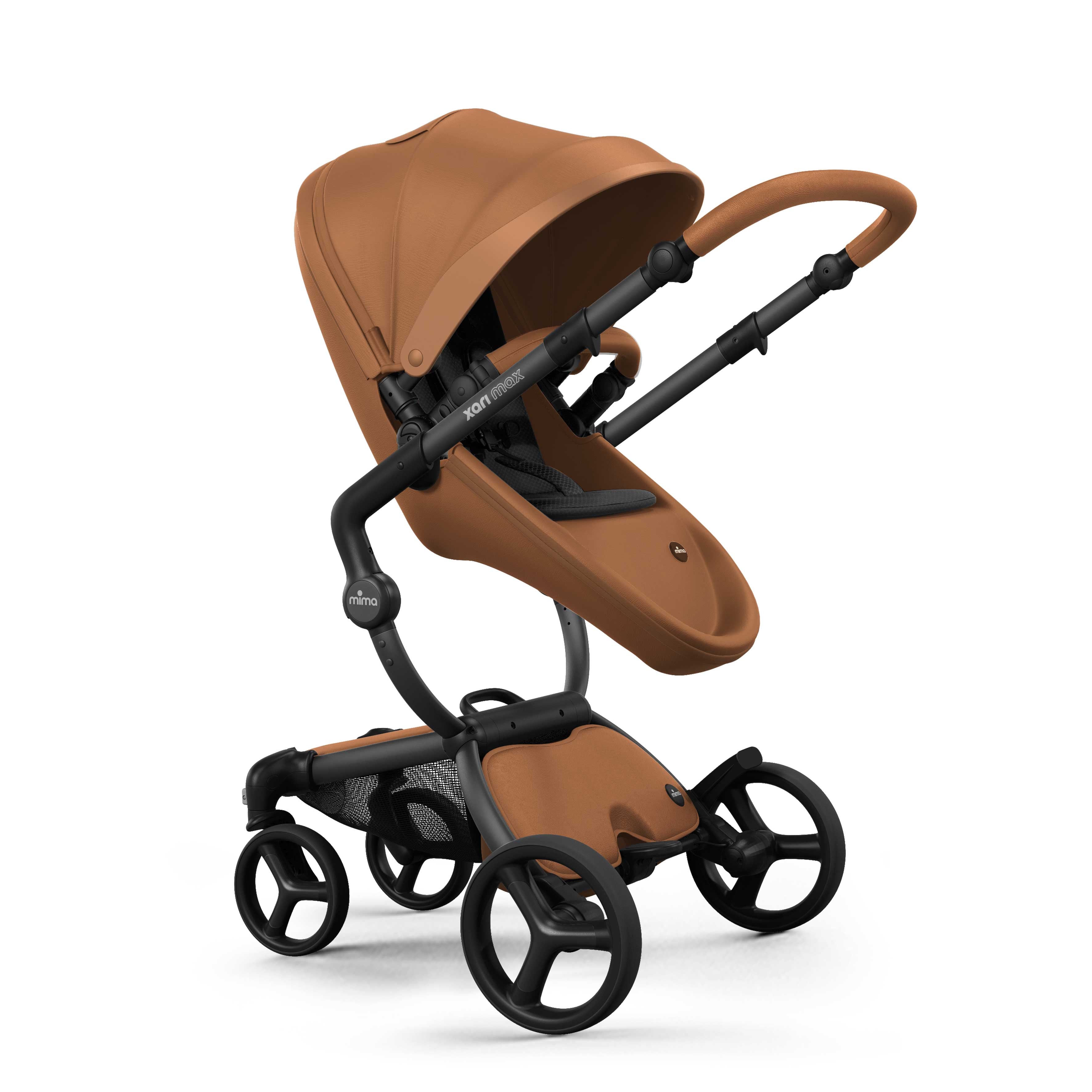 mima® xari max stroller, in black chassis, camel seat and black seat pad, with canopy and safety bar, facing parents, left front-angle view, Mom&