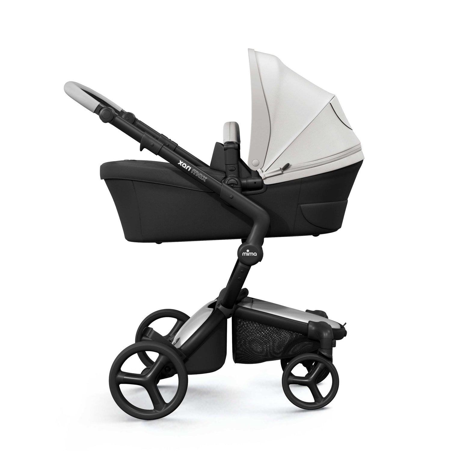 mima® xari max bassinet with white canopy, side view product display 