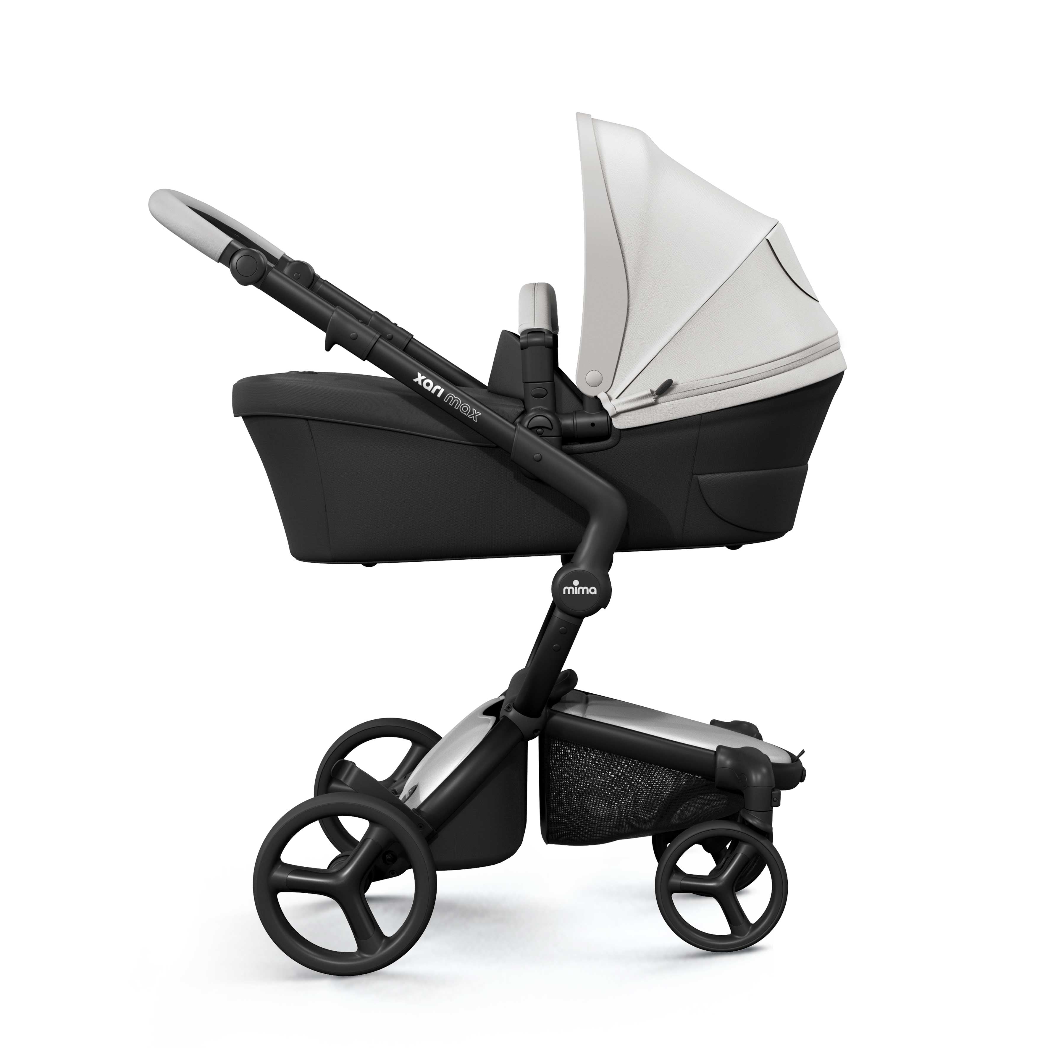 mima® xari max bassinet with white canopy, side view product display 