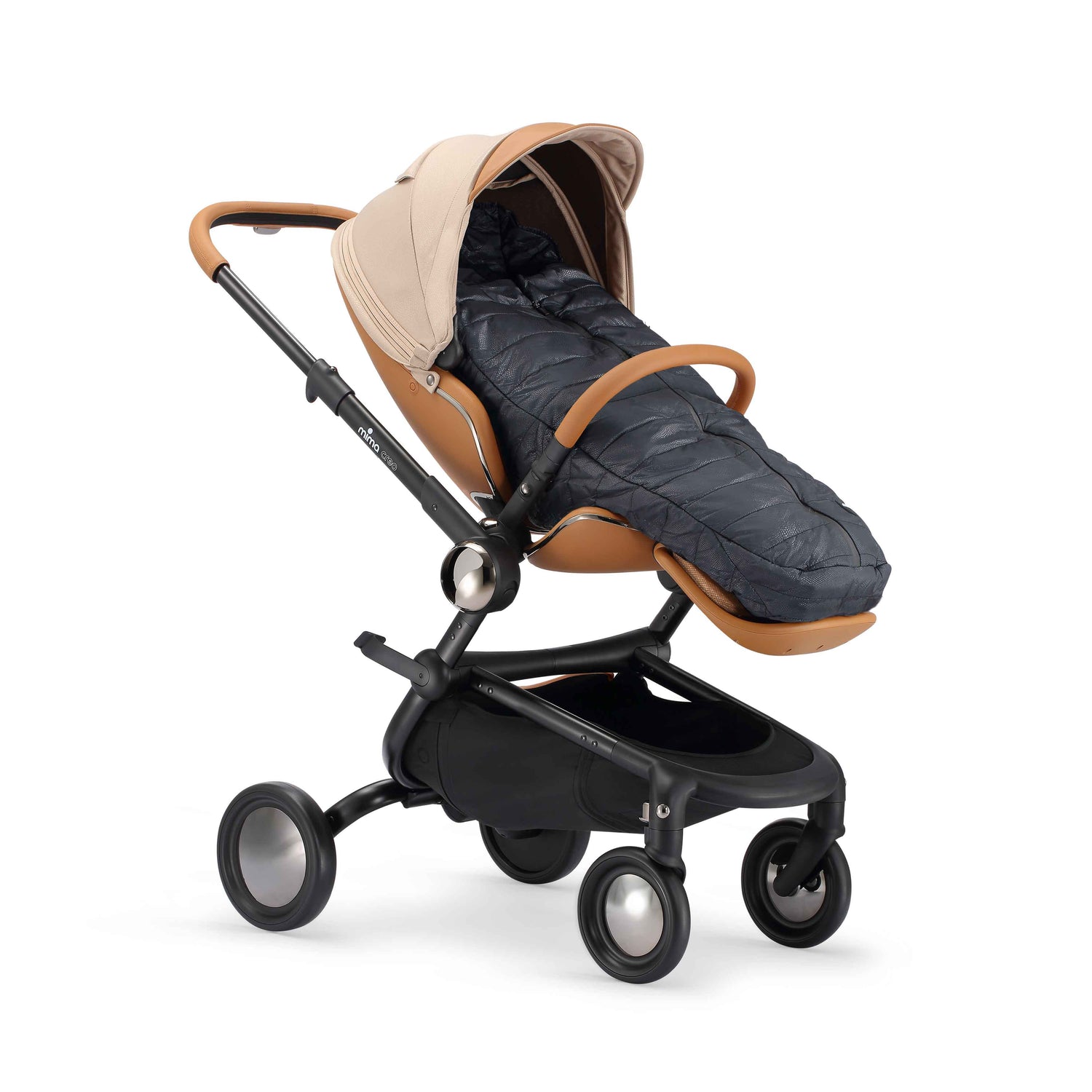 mima compact-fold black footmuff with soft wool interior for keeping baby warm 
