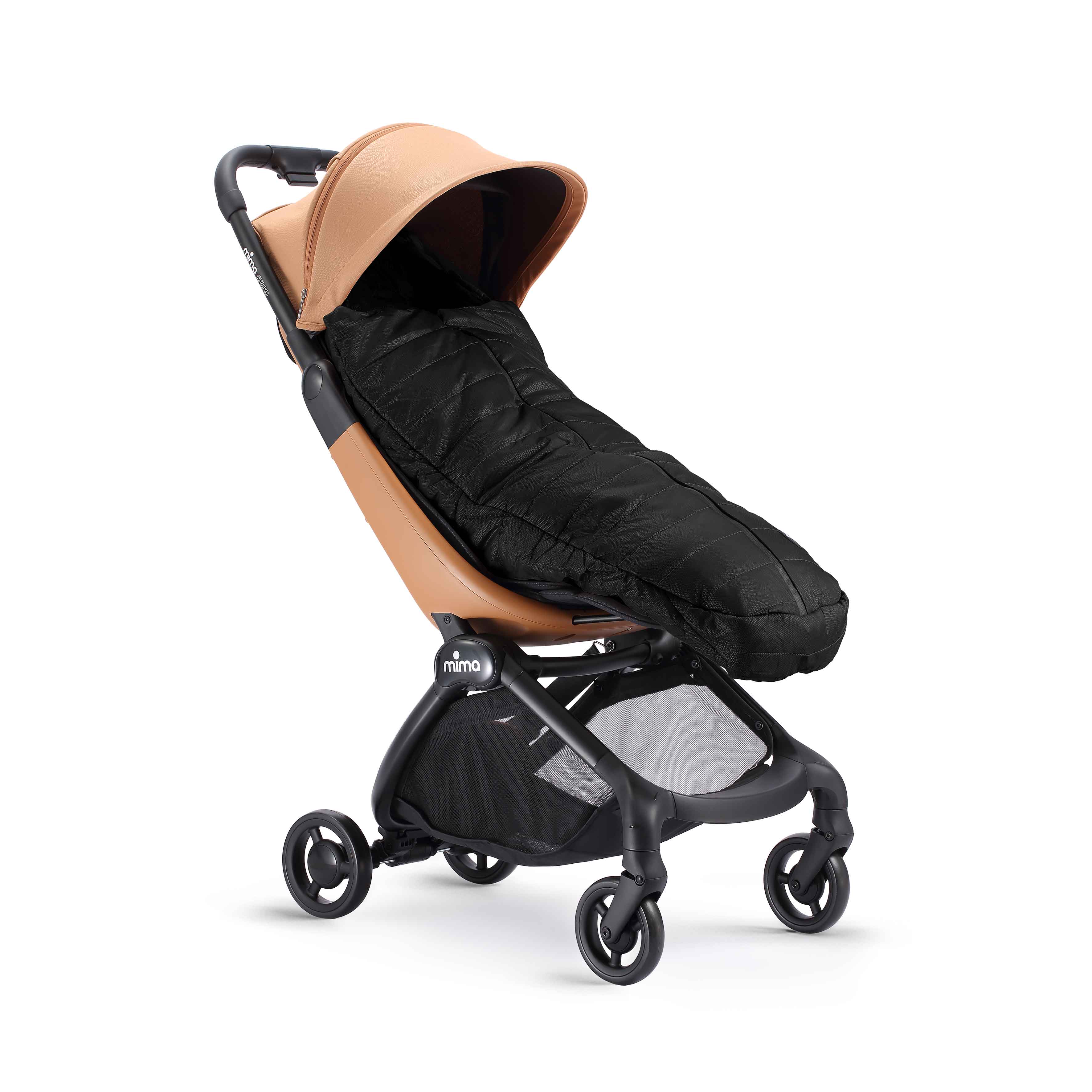mima compact-fold black footmuff with soft wool interior for keeping baby warm 