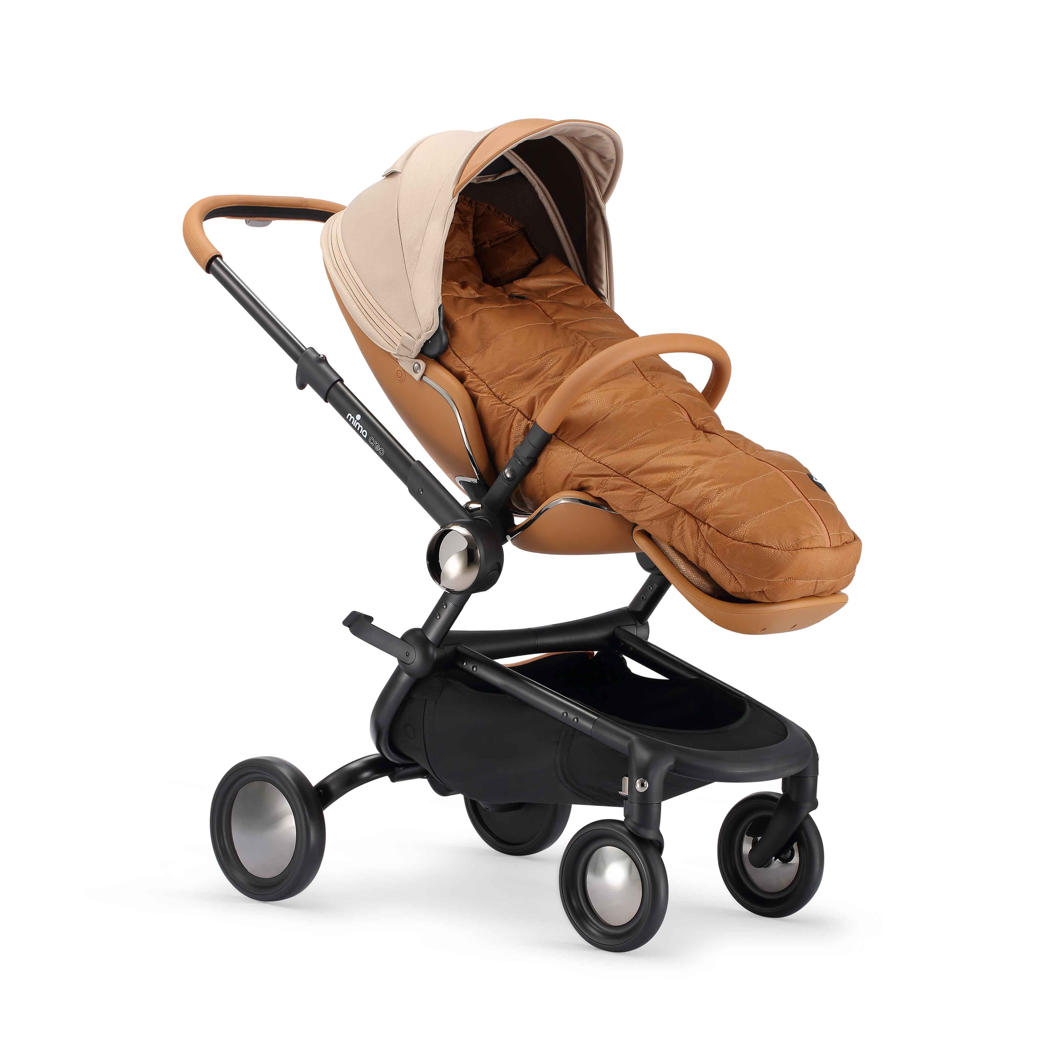 mima compact-fold mocha cream footmuff with soft wool interior for keeping baby warm 