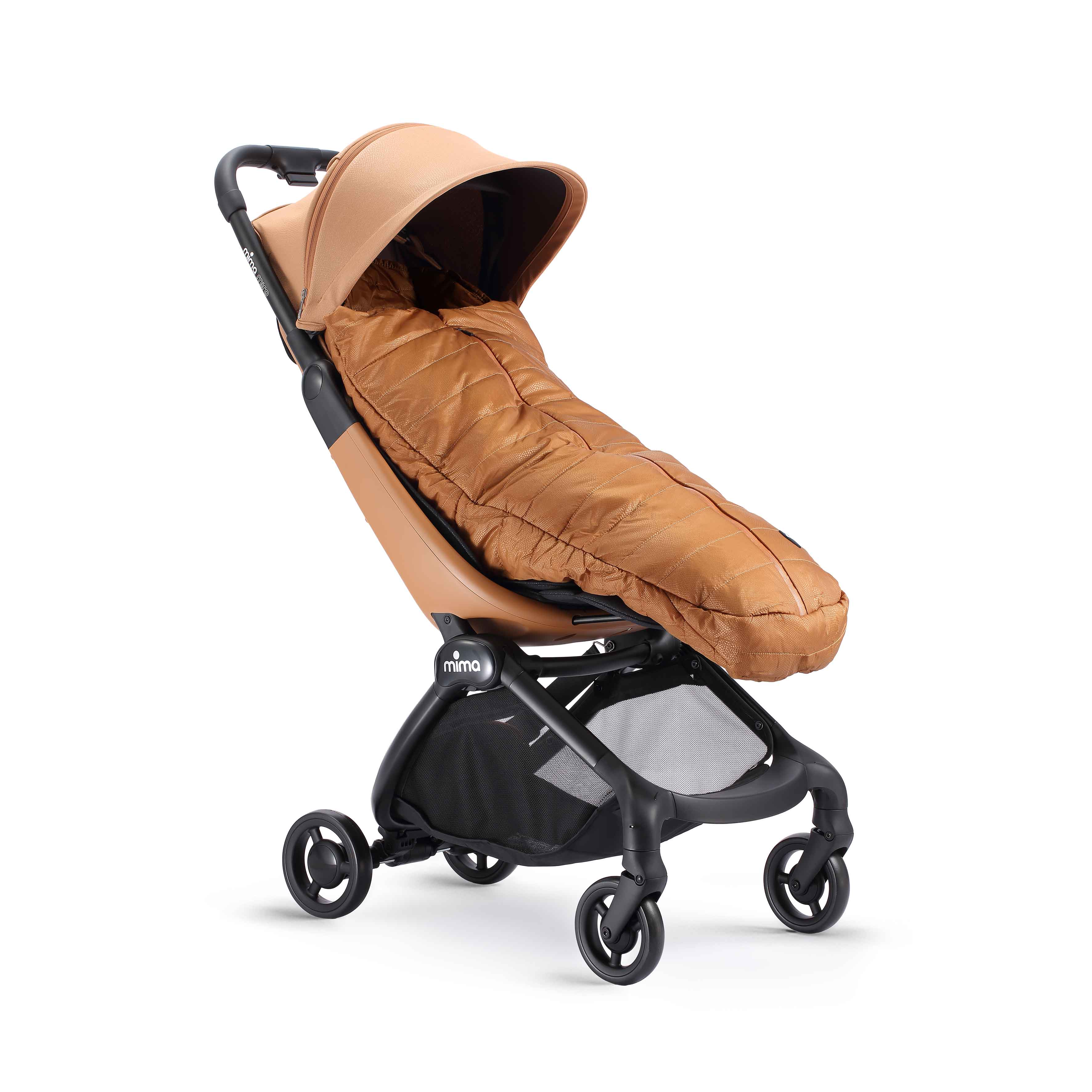 mima compact-fold mocha cream footmuff with soft wool interior for keeping baby warm 