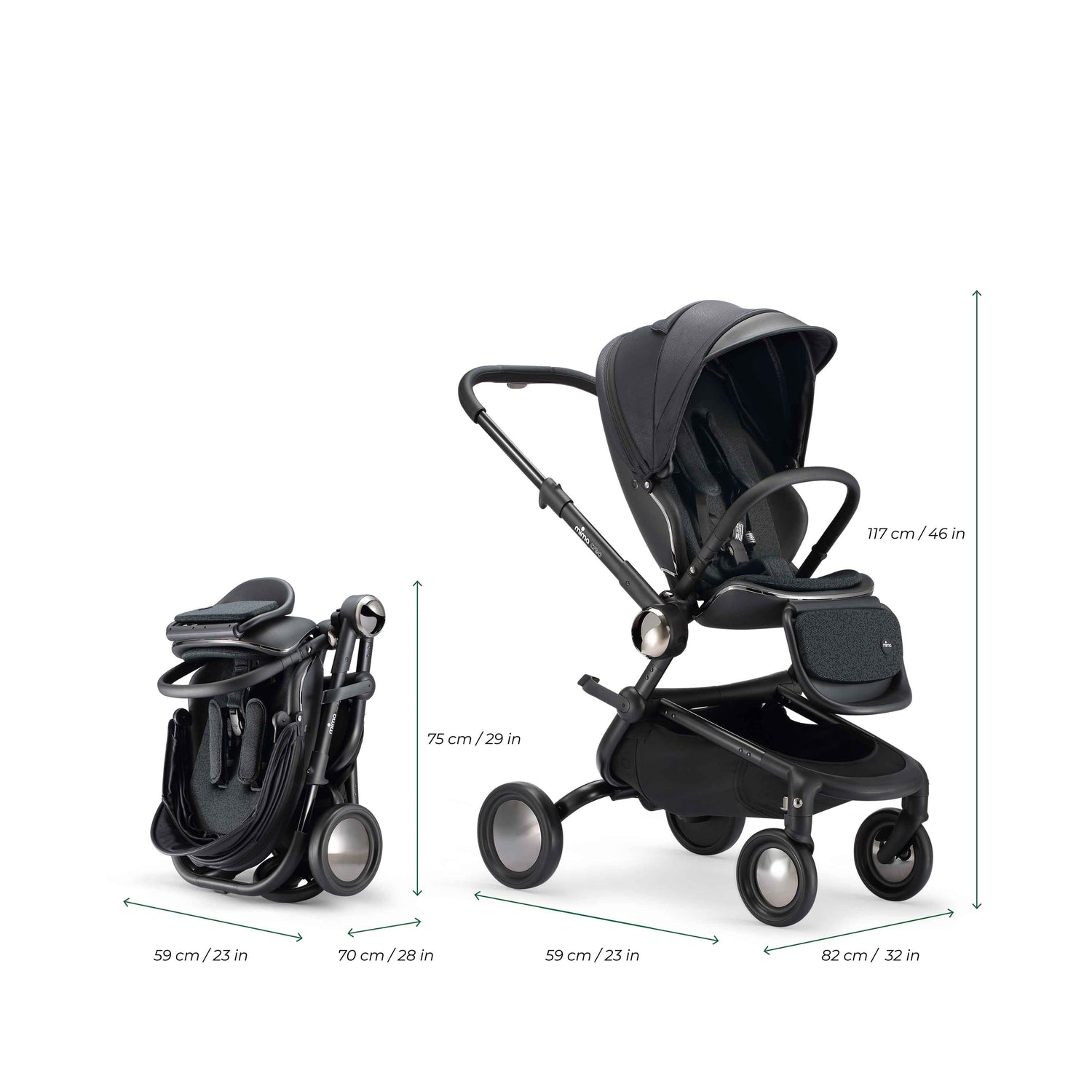 creo compact stroller in black folded and unfolded with dimensions 