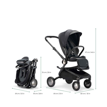 creo compact stroller in black folded and unfolded with dimensions 