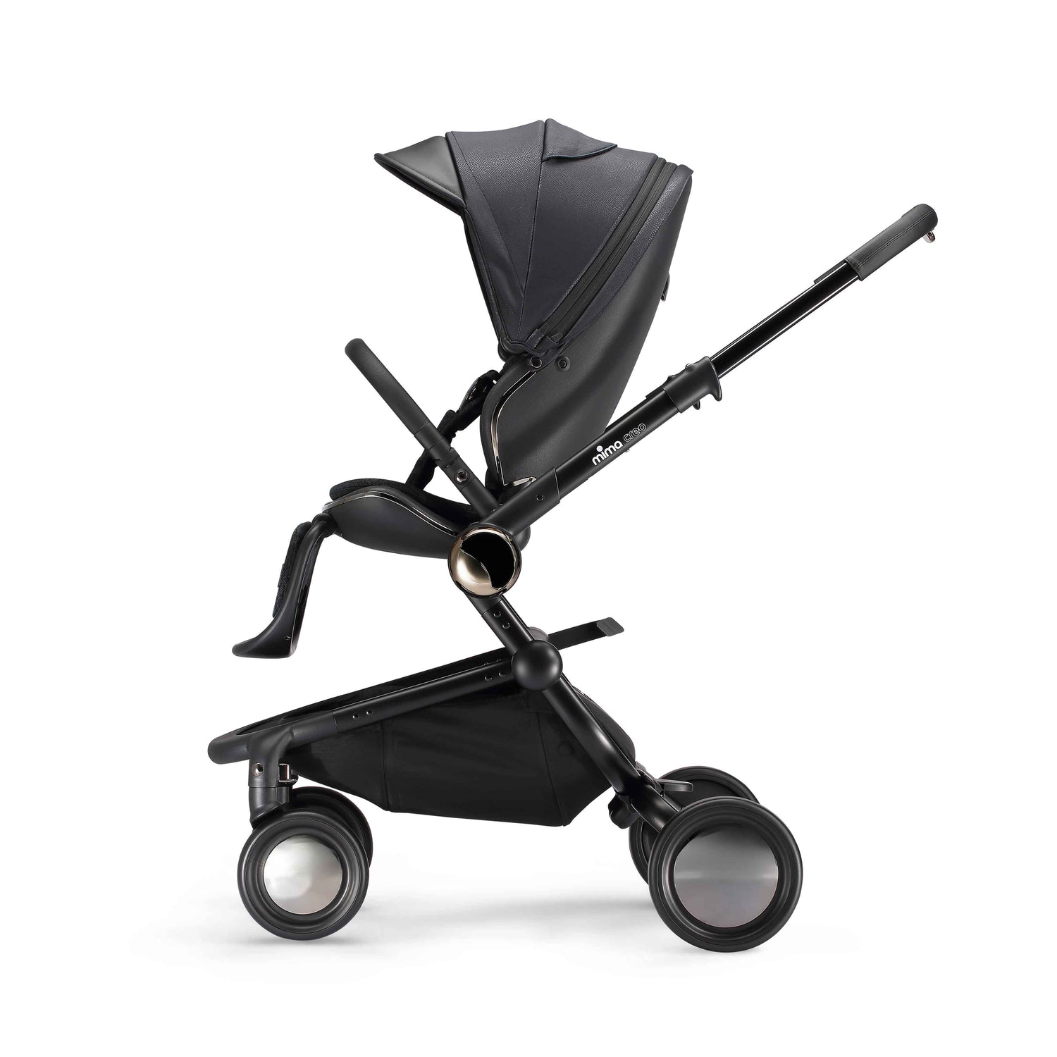 side view of mima creo stroller in black facing left 