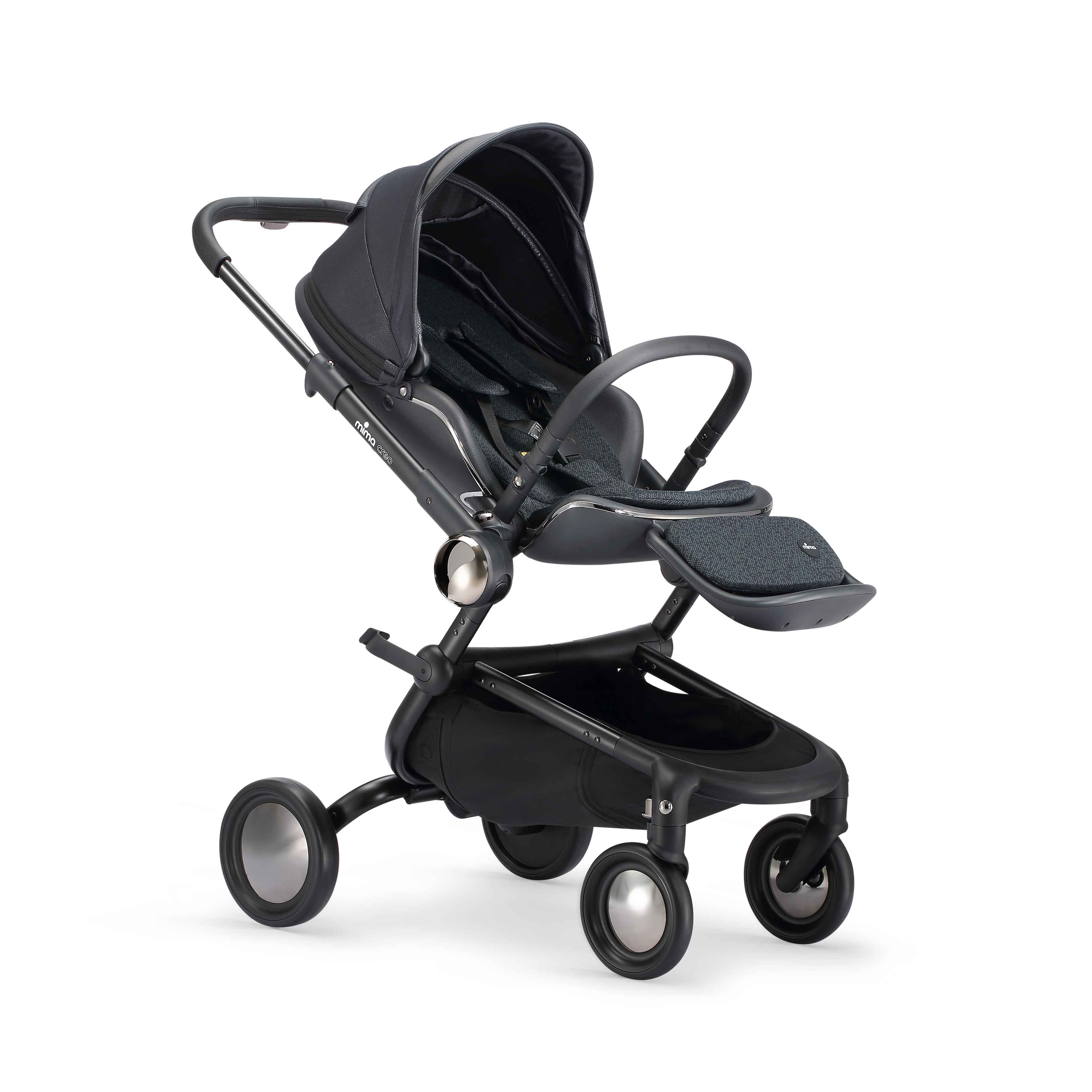semi reclined mima creo compact stroller in black, angled view 