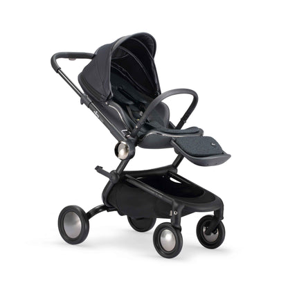semi reclined mima creo compact stroller in black, angled view 
