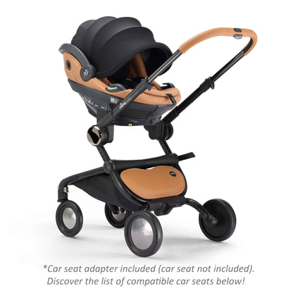 mima creo stroller in mocha cream with attached infant car seat, angled view 