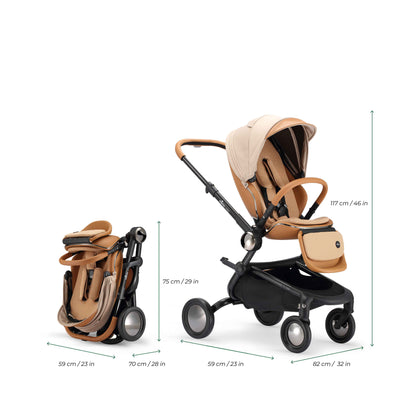 creo compact stroller in mocha cream folded and unfolded with dimensions 