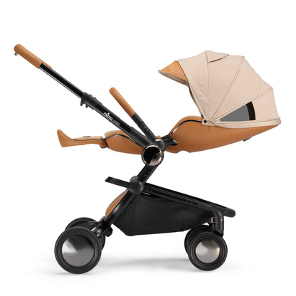 side view of parent facing fully reclined mima creo compact stroller in mocha cream 