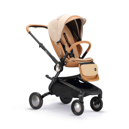 angled view of mima creo stroller in mocha cream 
