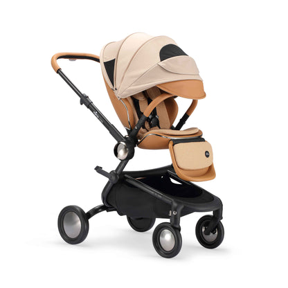 mima creo stroller in mocha cream with fully extended canopy and open window, angled view 