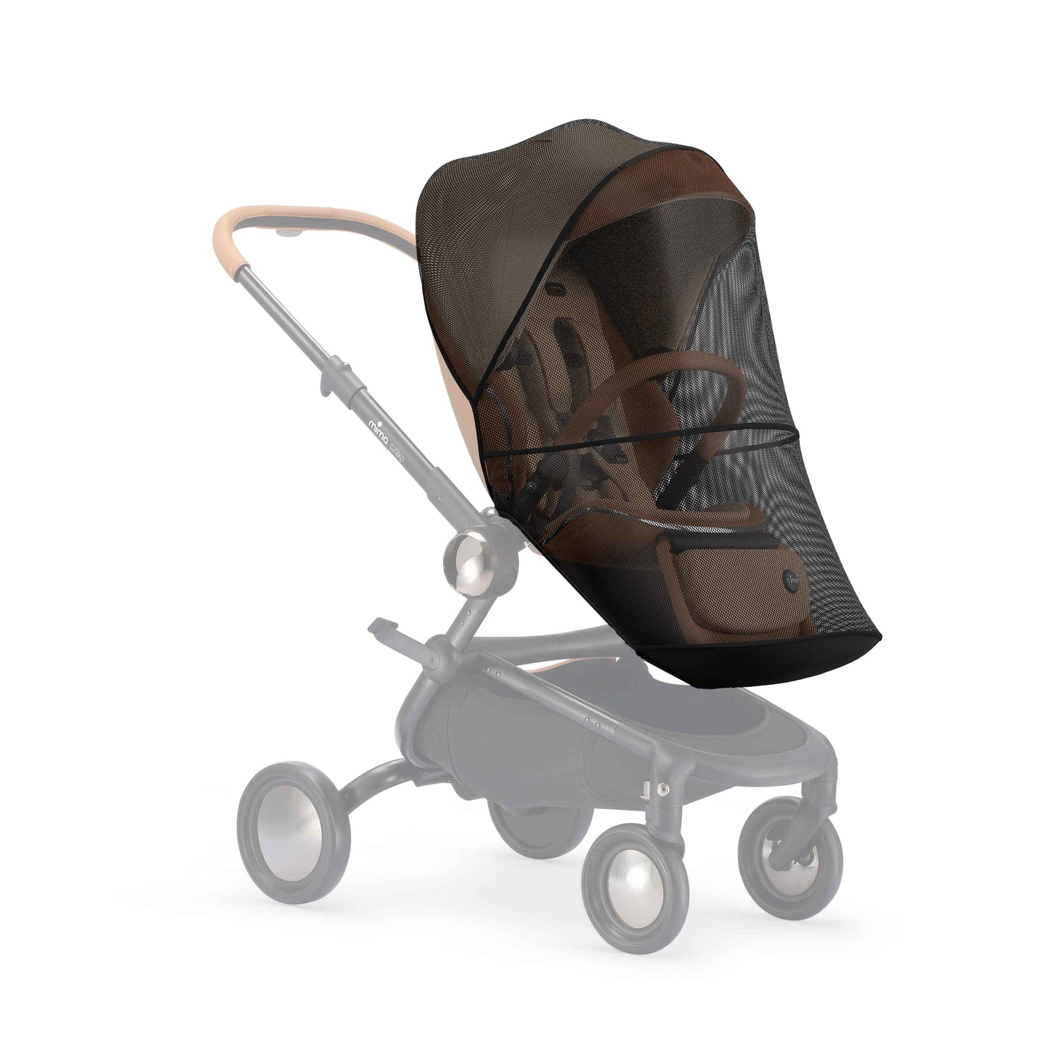 mima creo mosquito net shown on a faded stroller frame, angled view
