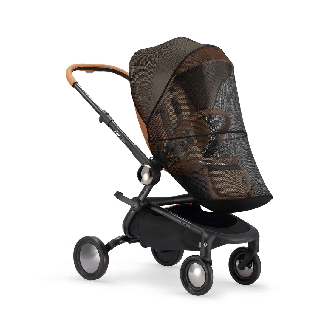 creo mosquito net installed on mima creo stroller, angled view