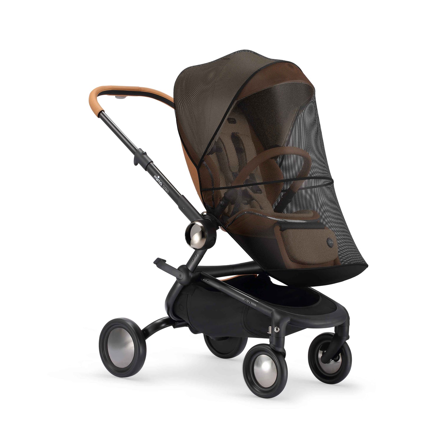 creo mosquito net installed on mima creo stroller, angled view